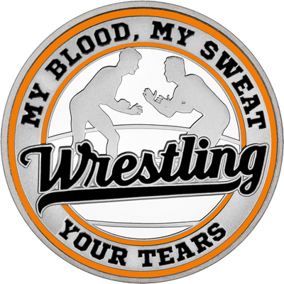Black "Wrestling" with Orange Outer Circular Borders